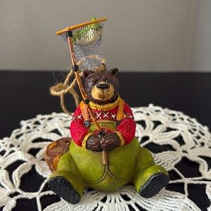 Bear Holding a Fishing Net with a Caught Fish Christmas Holiday Ornament